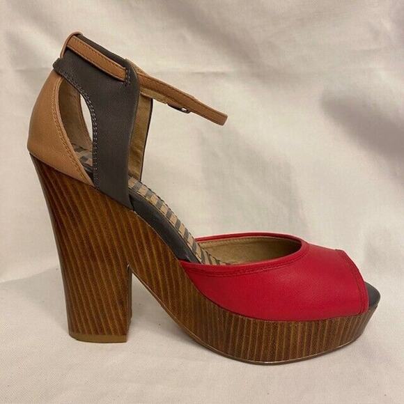 Splendid Davenport Wooden Peep Toe Platform Heels Shoes Red Tan Womens Size 7 - Picture 3 of 8